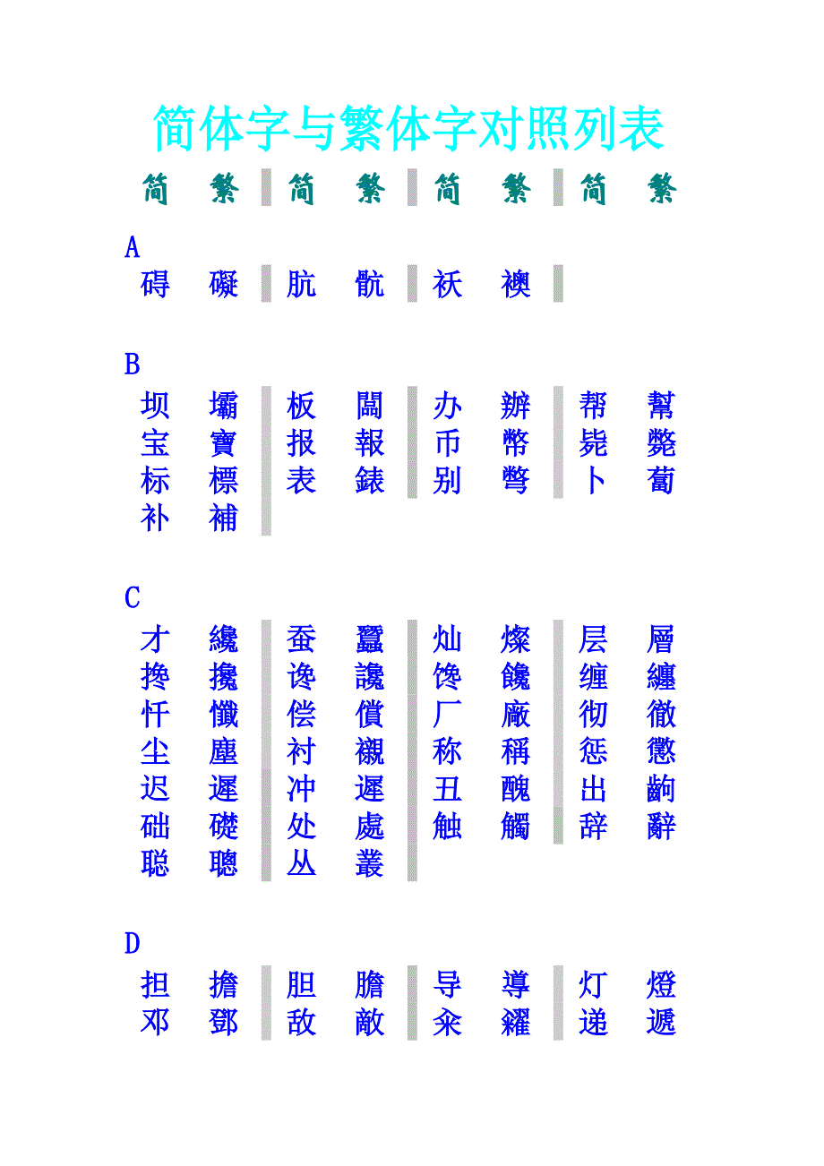 简体字与繁体字对照列表