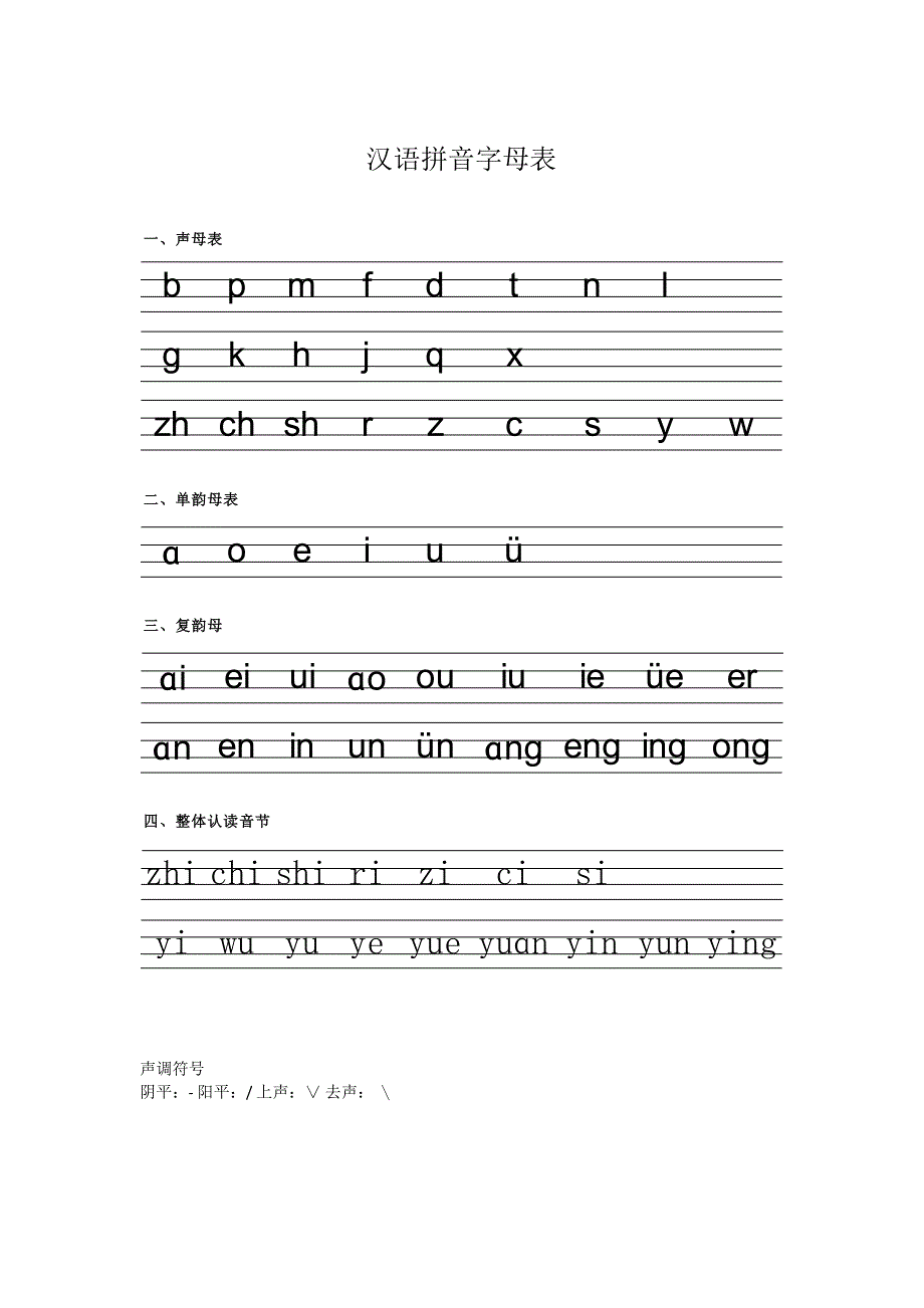 拼音字母详细及四线格拼写