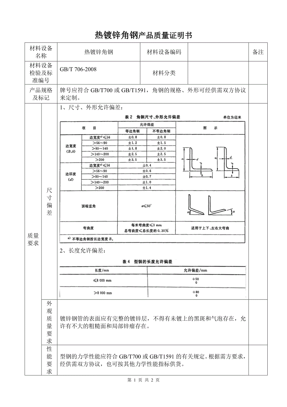 热镀锌角钢产品质量证明书检测报告