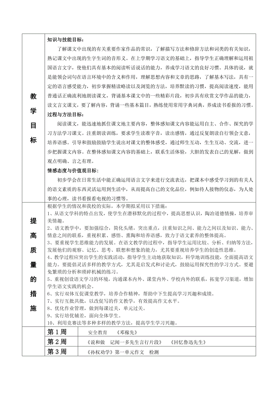 20172018年人教版七年级下语文学科教学计划电子教案