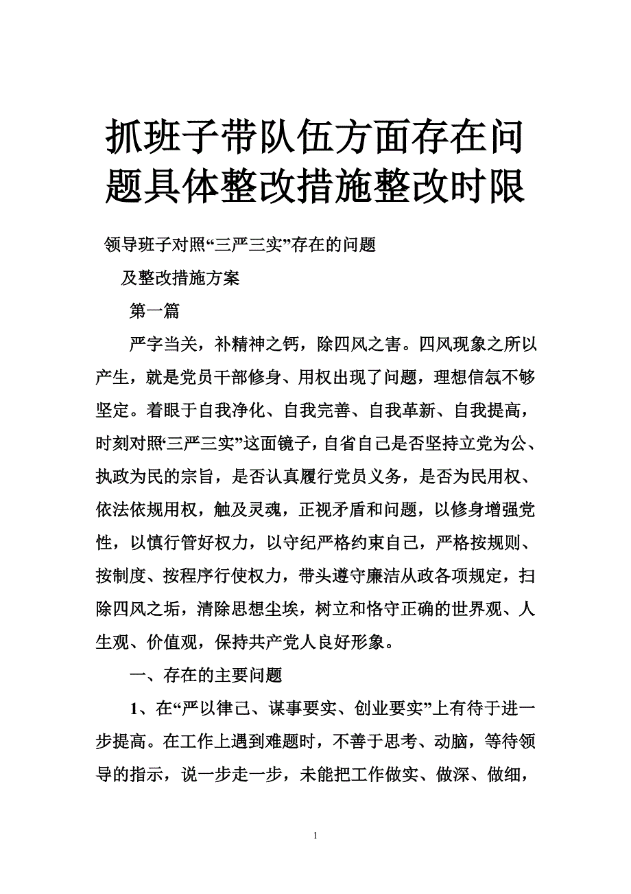 抓班子带队伍方面存在问题具体整改措施整改时限