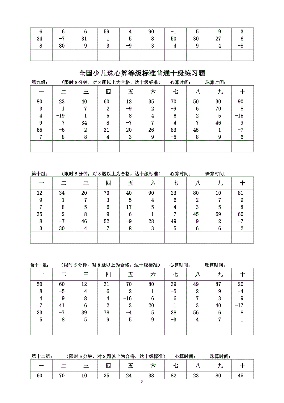 全国少儿珠心算等级标准普通十级练习题doc