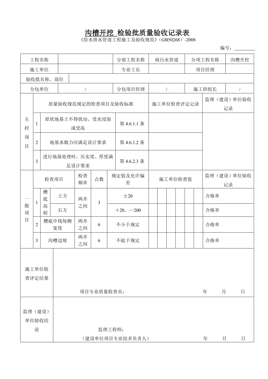 雨汙水管道施工工序檢驗批驗收記錄表