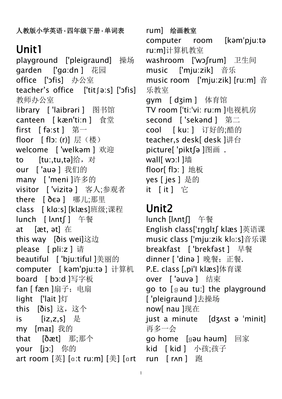 人教版pep小學英語四年級下冊單詞表帶有音標